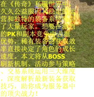 在《传奇》私服世界中，久久公益服因其稳定的运营和独特的装备系统吸引了大量玩家。想要在激烈的PK和副本竞争中占据优势，稀有装备的获取效率直接决定了角色的成长速度。本文将从BOSS刷新机制、活动参与策略、交易系统运用三大维度，深度解析最新装备获取技巧，助你成为服务器中的顶尖战力！